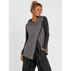 Mojito Italy Merino Wool Cashmere Striped Asymmetric Drape Neck Cardigan Grey